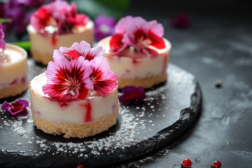 Nachspeise mit Geranienblüten als Dekoration