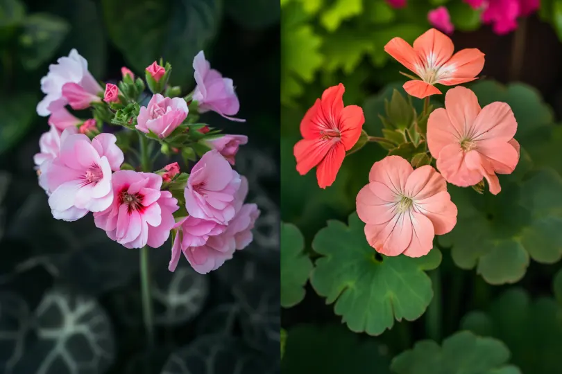 Links Pelargonium (Pelargonie), rechts Geranium (Storchschnabel)